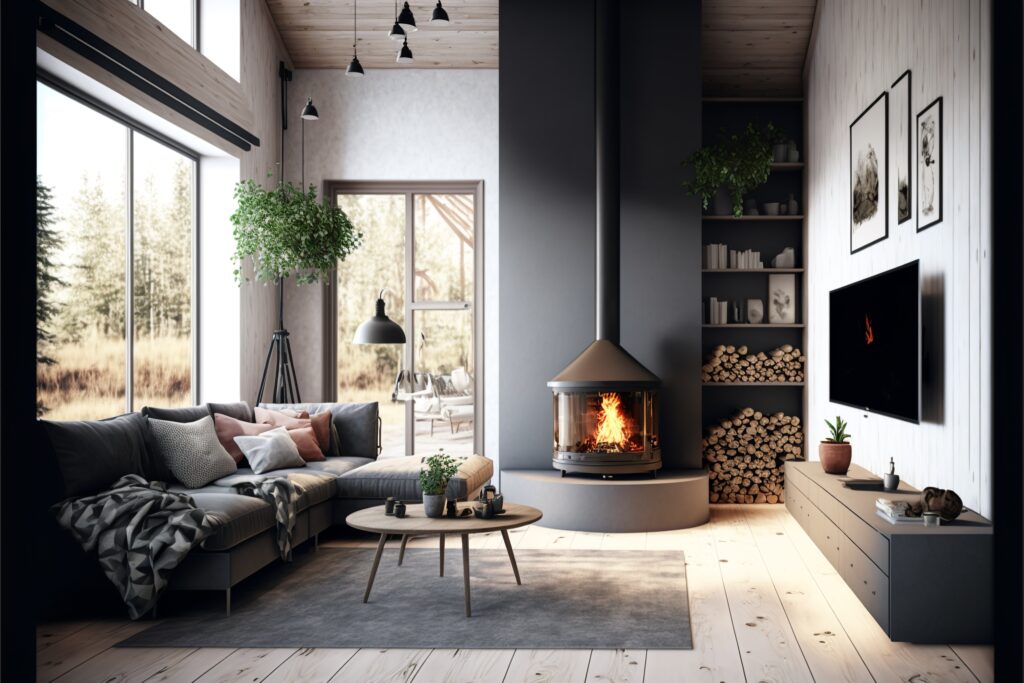 Warm, modern living room with natural wood floors, cozy seating, and a wood-burning fireplace
